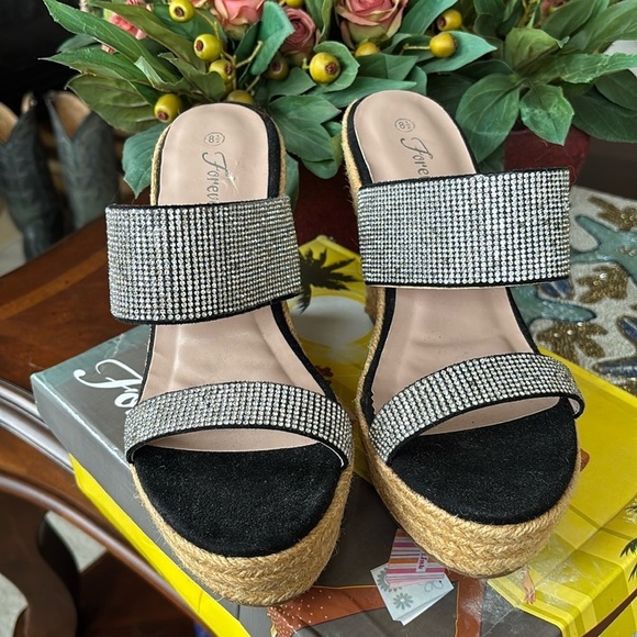 Brand New Black & Silver Crystal Rhinestone Wedge Sandals Sparkly Sexy 4.5” Heel - Picture 5 of 16